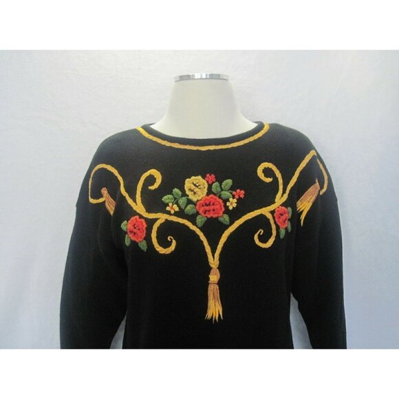 Vintage Women's Sweater Marisa Christina Black Gold Red Embroidered Size Medium - Picture 1 of 9